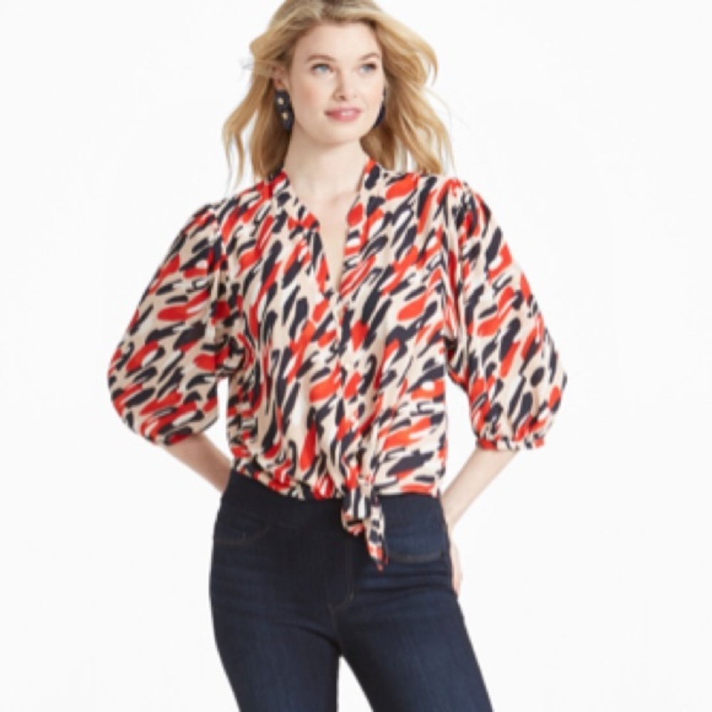 Nic + Zoe Santa Fe Tie Red Black White Beige Shirt